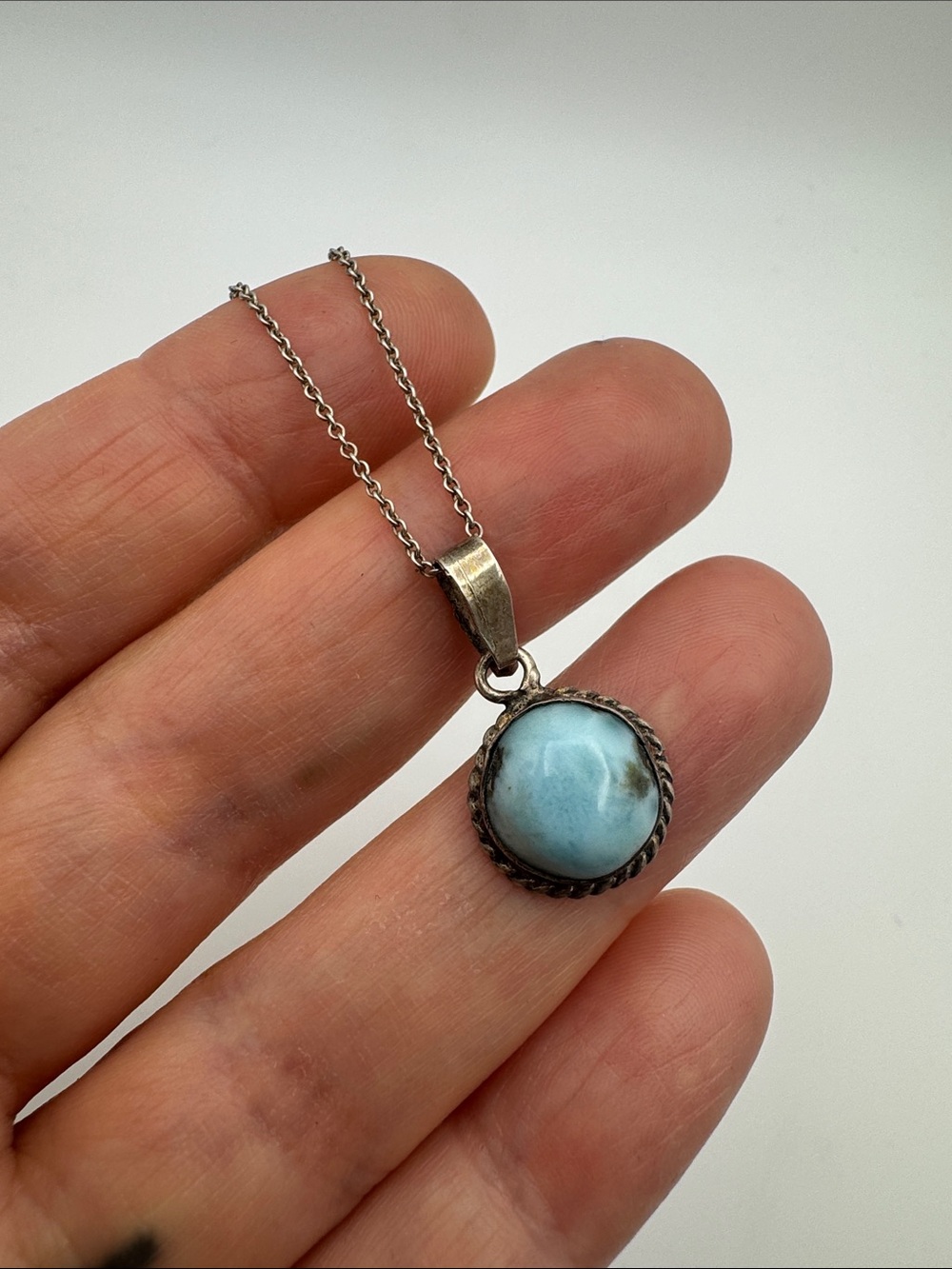 Larimar Round Sterling Silver Pendant on Tiffany & co chain
